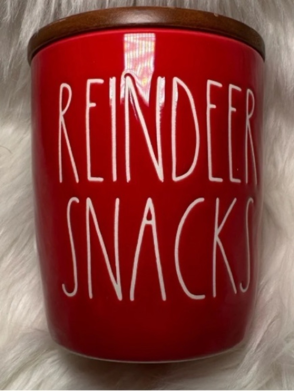 Festive Red Ceramic Canister with Wood Lid - Reindeer Snacks